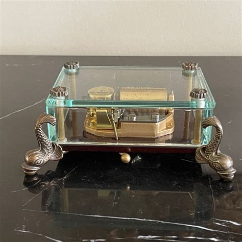 vintage green glass metal frame music box|Antique Glass Music Box .